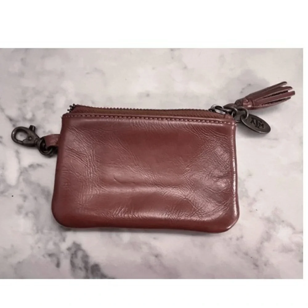 Jack Mason Brown Leather ID Holder Coin Pouch Texas A&M Charm Tassel Zipper